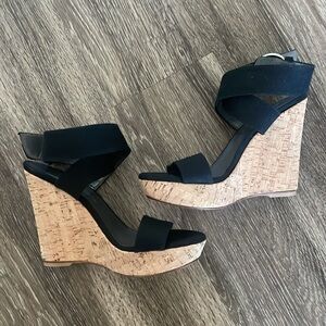 Stuart Weitzman Cork Wedge Sandals Women's Size 8 Platform Heels Shoes Black